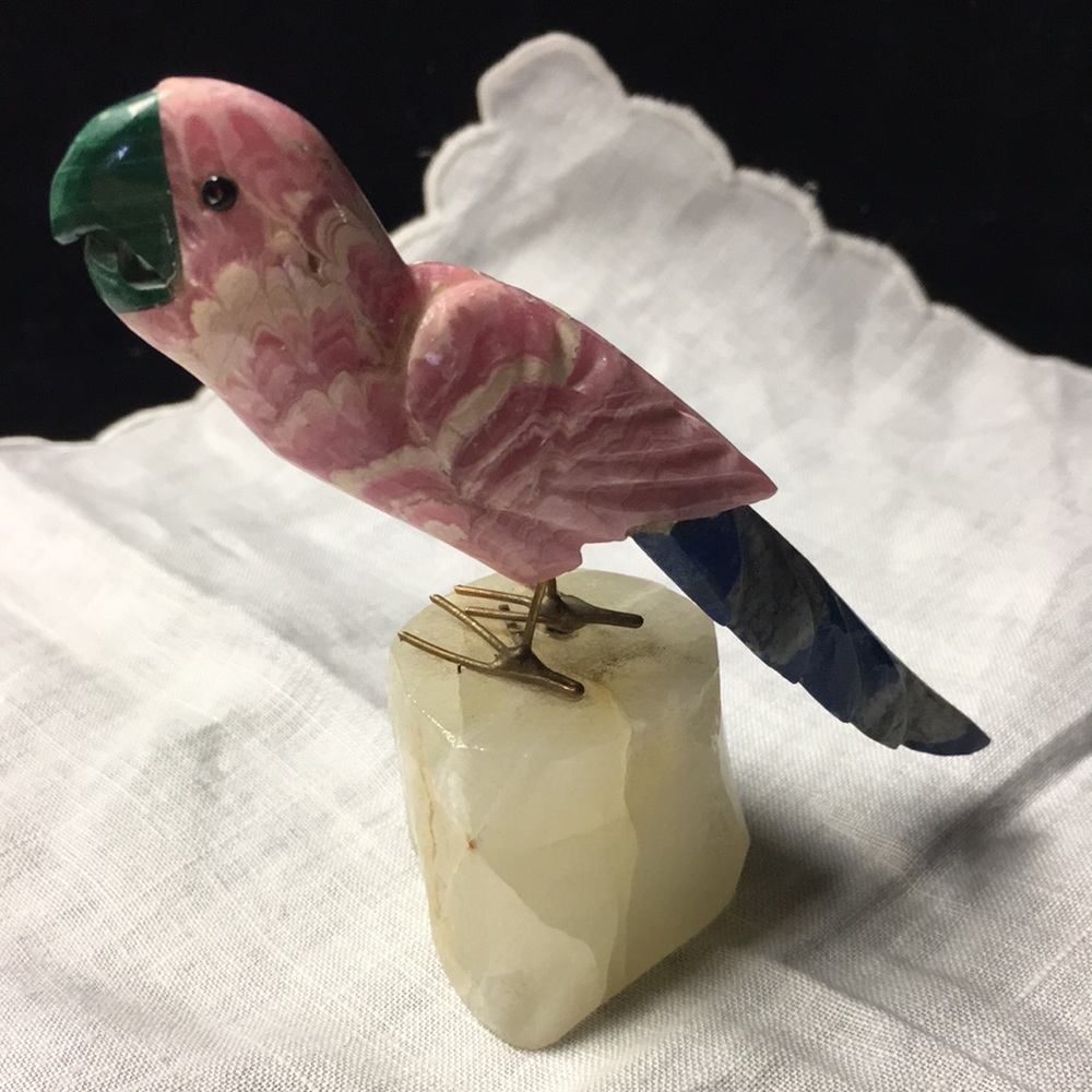 Hand Carved Bird Perched on Quartz Crystal Parrot Pink, Blue, White Calcite Peru - Picture 2 of 9